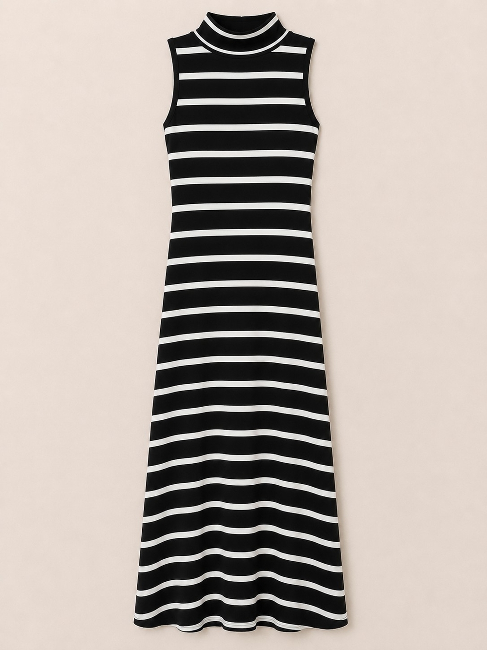 Sleeveless Black and White Striped Turtleneck Midi Dress